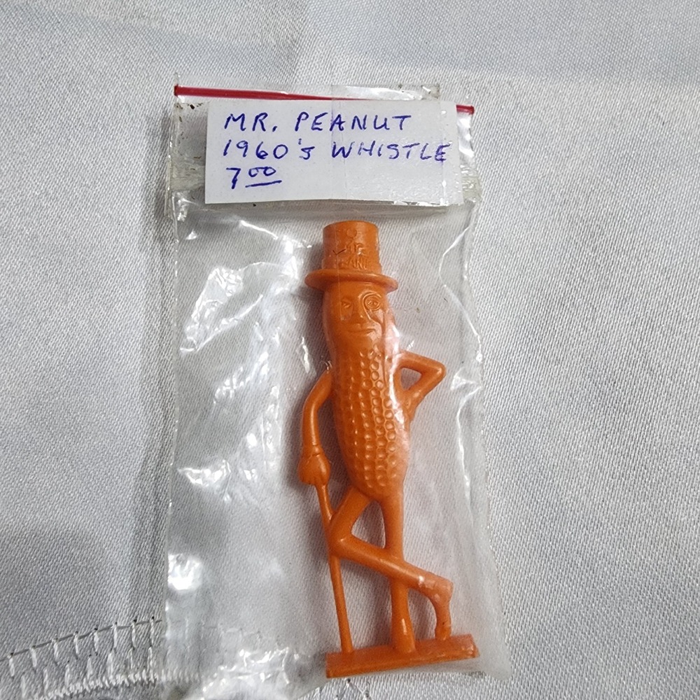 Vintage 1960s Mr Peanut Planters Plastic Whistle Advertising Collectible Orange
